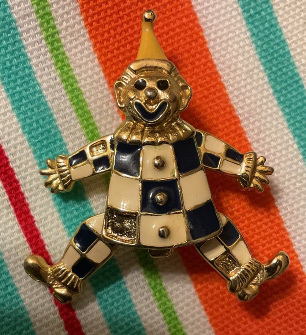 Vintage Clown Jester Brooch Pin Enamel Goldtone Moveable Arms & Legs